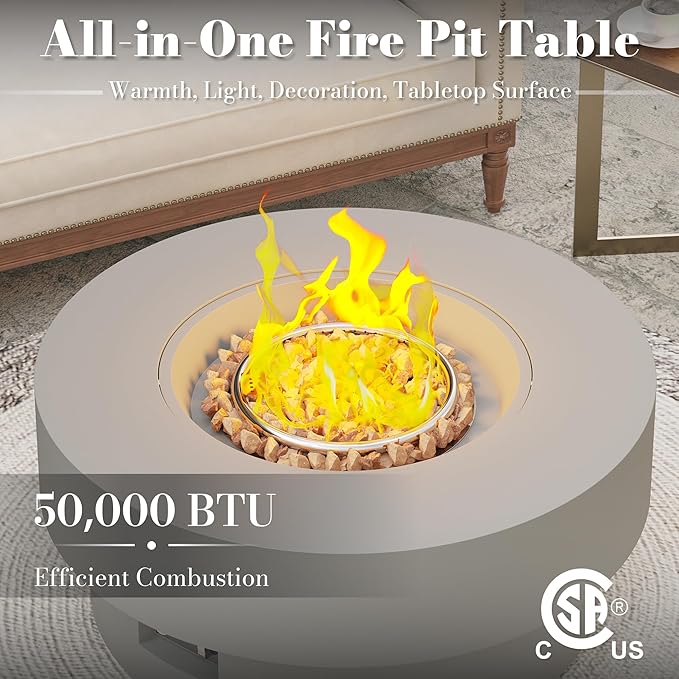32.5 Inch Propane Fire Pit Table 50000 BTU Round Patio Fire Pit Table Outdoor CSA Certified Stainless Burner with Steel Lid Waterproof Cover &amp Lava Rocks for Backyard Garden Gray
