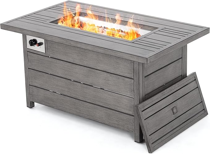 Propane Fire Pit Table HAPPATIO 48inch 50000 BTU Gas Fire Pit with Aluminum Slats Table Top Lid Black Glass Rock Aluminum Fire TableCSA Safety Certified for Outside Patio(Gray)