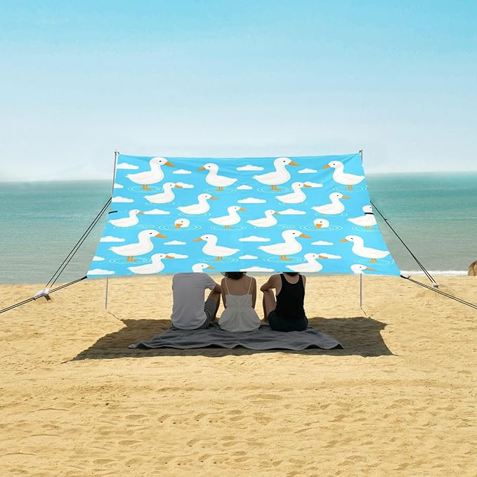 xigua Ducks Beach Tent Sun Shelter with Carrying Bag - Silver Coated Oxford Fabric Beach Canopy for Beach Camping Fishing - Includes Windproof Ropes Sandbags &amp Stakes