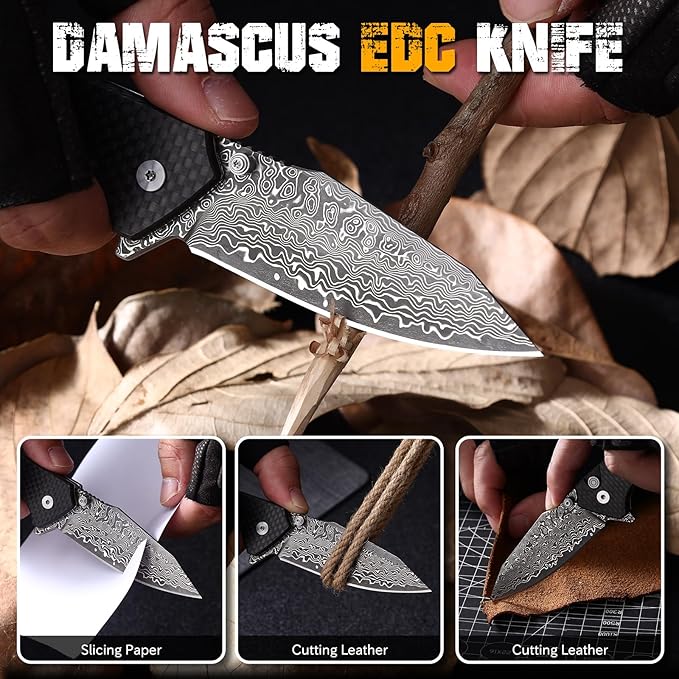 Damascus Pocket Knife for Men 3.35 Sharp Damascus Steel Blade Folding Knives Carbon-Faced G10 Handle EDC Knifes for Camping Hiking Collection