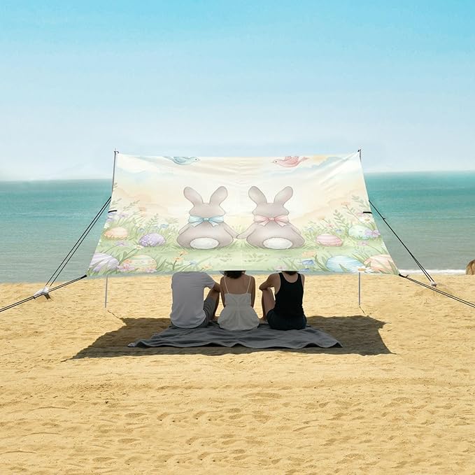 Beach Canopy with Windproof Ropes &amp Sandbags Beach Tent Sun Shade Sun Shelter for Camping Trips Fishing Backyard Fun or Picnics Easter Bunny