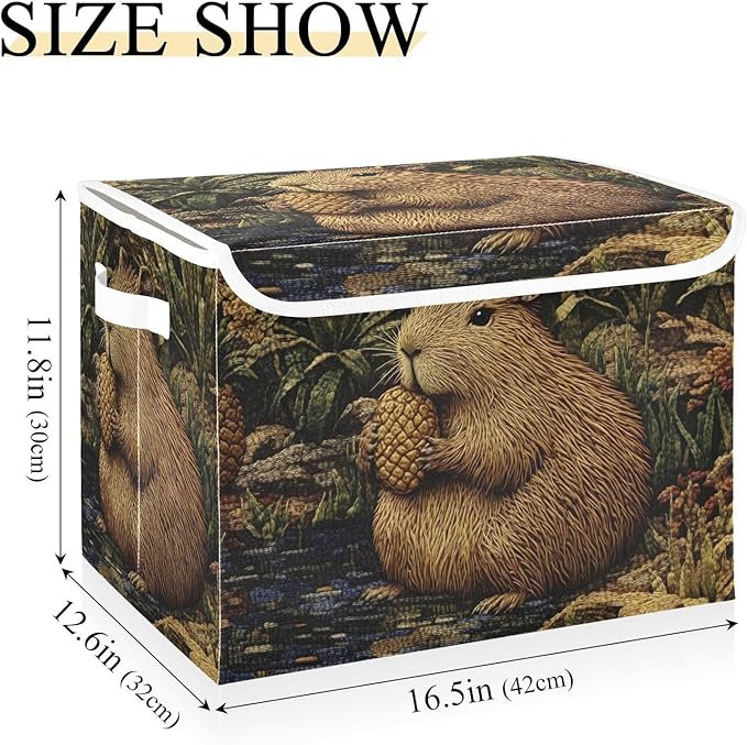 Storage Cube with Lid Pineapple Capybara Print 16.5×12.6×11.8 IN Collapsible Large Capacity Foldable Storage Basket Bin Organizer