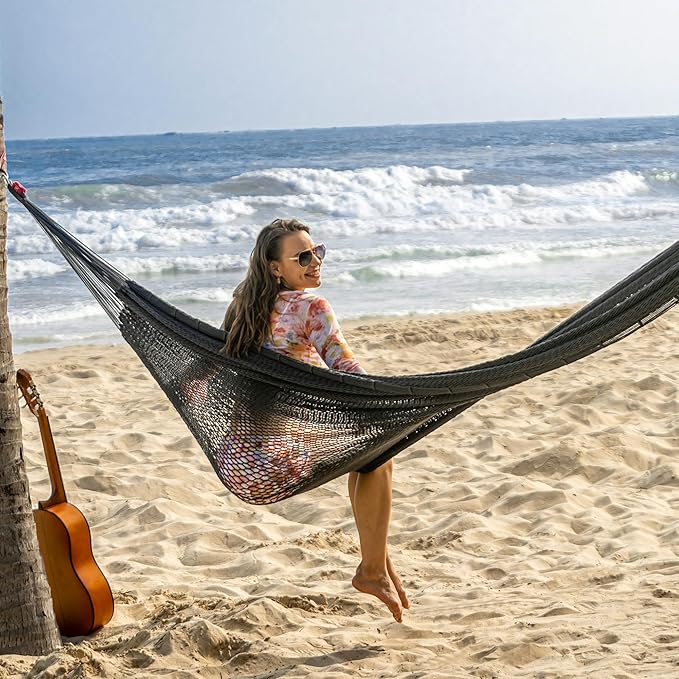 Lazy Daze Hammocks Handwoven Mayan Hammock 10.5 FT Soft Rope Double Hammocks Portable Outdoor Hammock with Carry Bag 2 Straps &amp Carabiners for Patio Outside 550 lbs Weight Capacity Gray