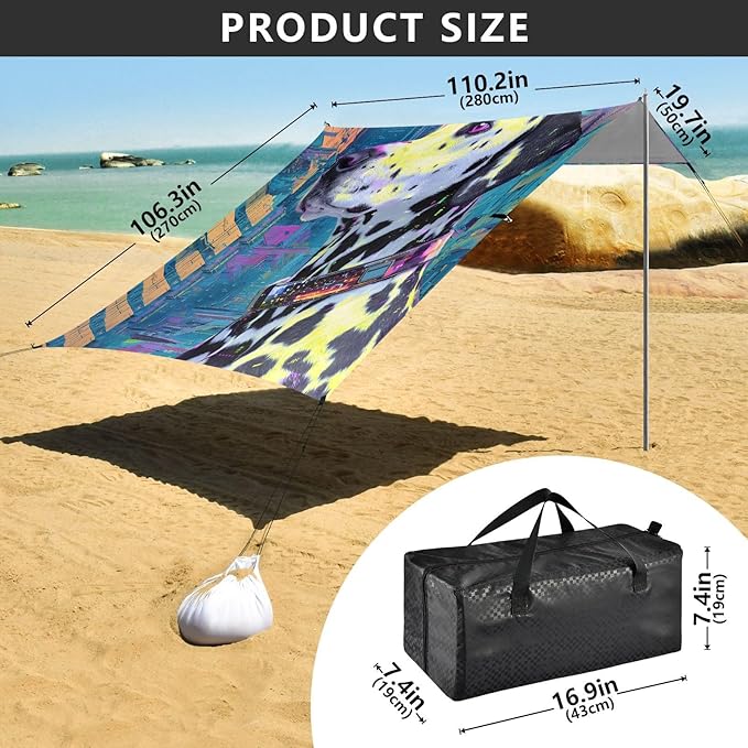 ALAZA Dalmatian Dog Beach Tent Sun Shelter UPF50+ Protection Beach Shade Canopy w/ 4 Sandbags for Outdoor Camping Fishing Backyard Fun Picnic 10x9 ft