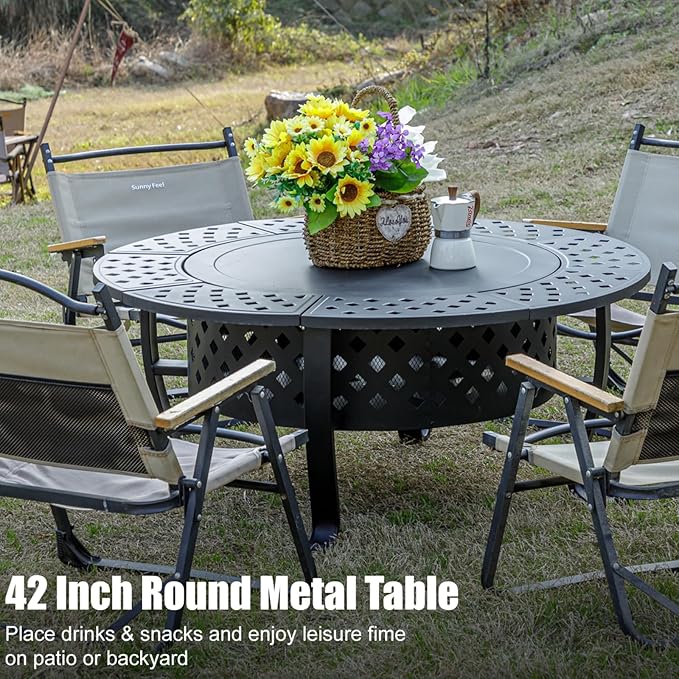 Panovue 42 Inch Fire Pit with 2 BBQ Grills Wood Burning Fire Pits for Outside with Lid &amp Fire Poker BBQ&amp Outdoor Firepit &amp Round Metal Table 3 in 1 for Patio Picnic Party