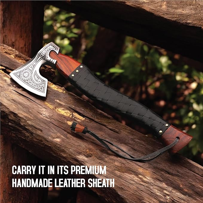 Viking Axe Carbon Steel Blade Rosewood Handle Leather Wrapped Handle Camping Axes Viking Ax Hatchet Real Tomahawk Gift Wood Splitting Axes Birthday Gift with Premium Leather Sheath