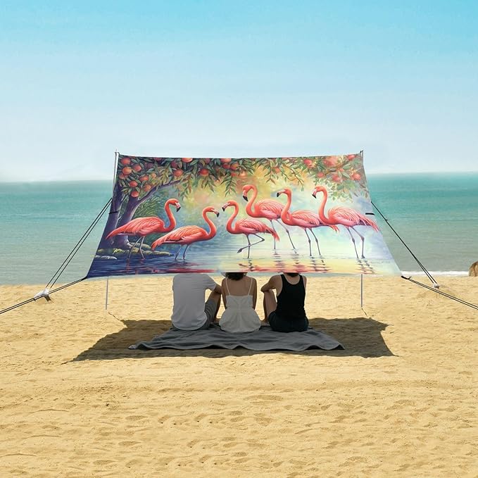 xigua Flamingos Beach Tent Sun Shelter with Carrying Bag - Silver Coated Oxford Fabric Beach Canopy for Beach Camping Fishing - Includes Windproof Ropes Sandbags &amp Stakes