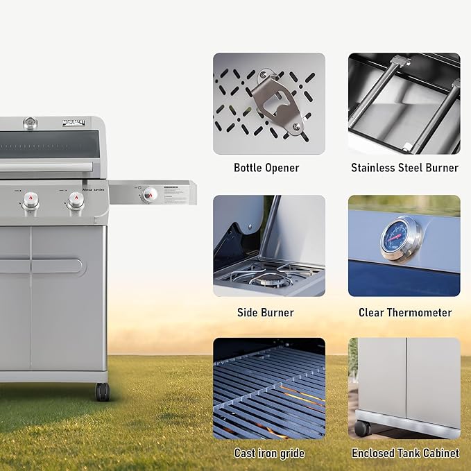 Monument Grills Outdoor Barbecue Stainless Steel 3 Burner Propane Gas Grill 48000 BTU Patio Garden Grill with Side Burner and Knob Controls Mesa305 with Smoker Box