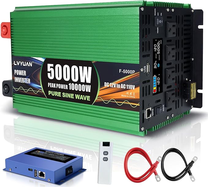 5000 Watt Pure Sine Wave Inverter DC 12V to 120V AC Car Power Inverter for RV Off-Grid Power Inverter with 4 AC Outlet 20W USB-C 5V/3.1A USB Hardwire Port Remote &amp Panel Control Surge 1000