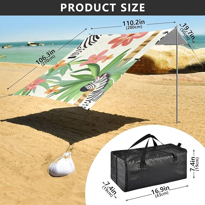ALAZA Cute Cartoon Zebras Palm Trees Flowers Beach Tent Sun Shelter Portable Canopy Sunshade for Outdoor Camping Picnics Backyard Fun 10x9 ft
