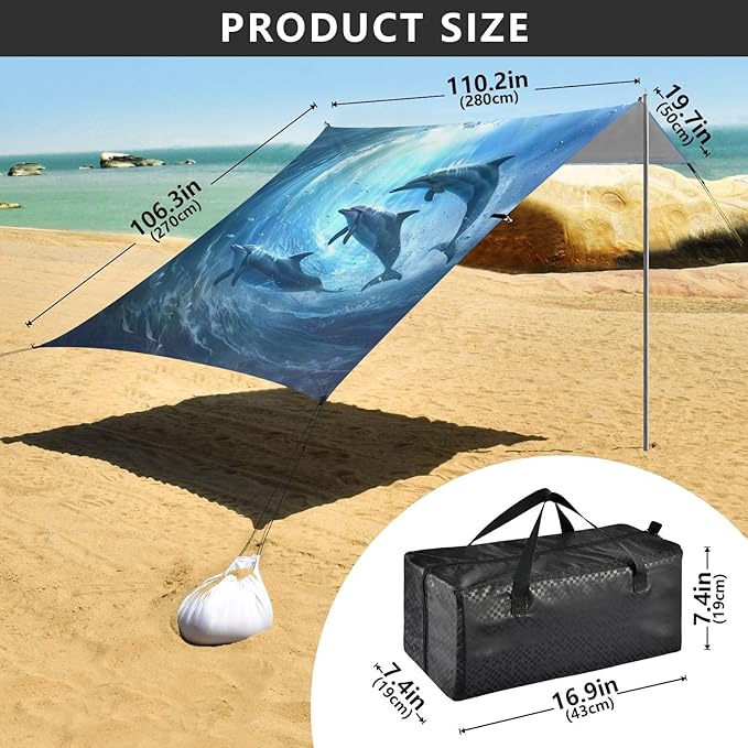 ALAZA Dolphins Underwater Waves Beach Tent Sun Shelter Portable Canopy Sunshade for Outdoor Camping Picnics Backyard Fun 10x9 ft