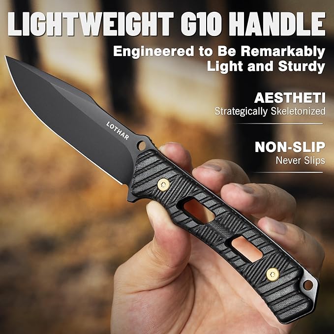 LOTHAR KA52 Fixed Blade Knife with Sheath D2 Steel Survival Tactical Hunting Knife for Camping Bushcraft Outdoor Vertical Horizontal Carry Cool Full Tang Knives Survival Tactical Gear Christmas Val