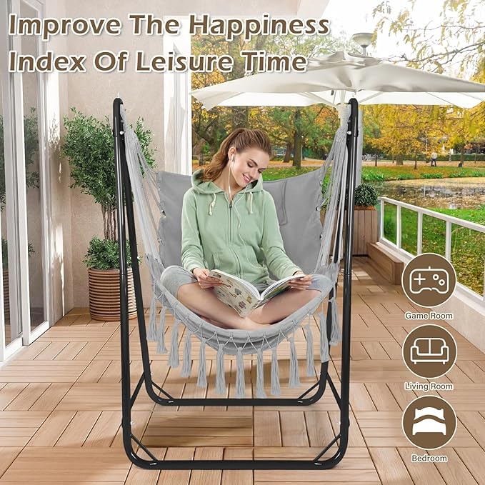 U-Shaped Hammock Chair with Stand Heavy-Duty and Rustproof Hanging Chair with Stand Bohemian Style Tassel Hammock Swing Chair Stand with Headrest and Side Pockets for Yard Garden (Light Gray)