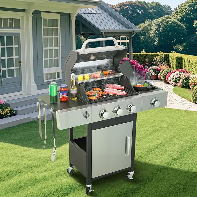 3-Burner Propane Gas BBQ Grill with Side Burner &amp Porcelain-Enameled Cast Iron Grates 37230 BTU Output Stainless Steel Grill for Cooking Kitchen Patio Backyard Barbecue