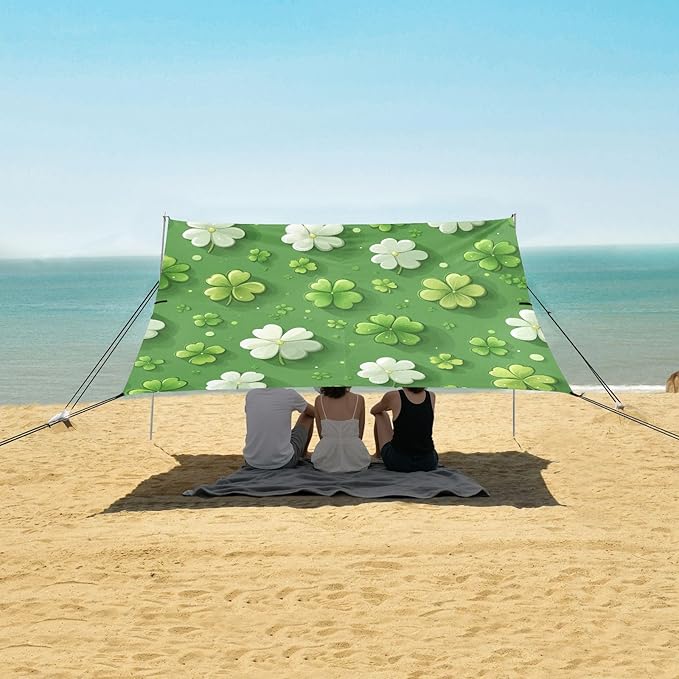 St Patrick's Day Clovers White Green Beach Tent Sun Shelter Set UPF50+ UV Protection 10.5 x 9.19 FT Camping Shade Canopy with Sandbags Sand Anchors Carrying Bag and Others
