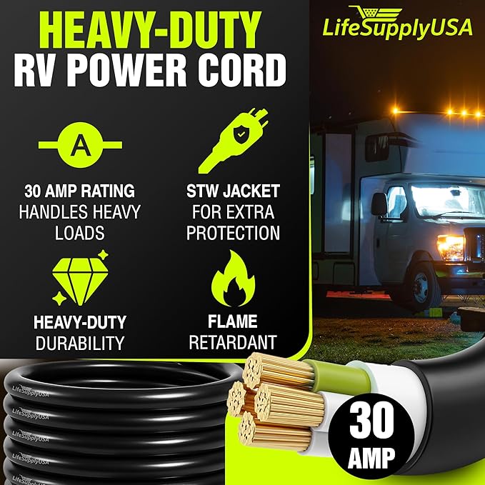30ft RV Extension Cord 30 AMP (TT-30P/L5-30R) with Twist-Lock Connector and Grip Handle Hook and Loop Strap - STW 10/3 AWG 125 Volt - Heavy Duty - by LifeSupplyUSA