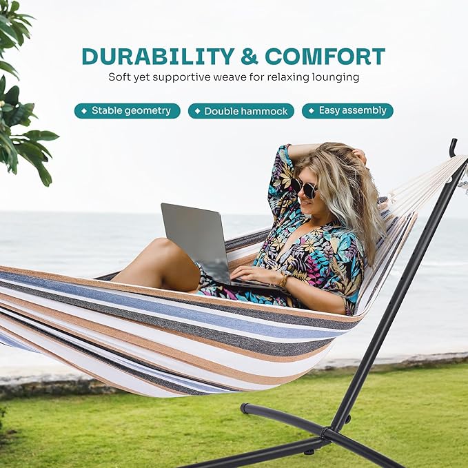 NEWBULIG Double Hammock with Stand Heavy Duty Portable Hammocks for Outdoor Indoor Patio Camping Space Saving Design &amp Carry Bag Easy Assembly 450lb Weight Capacity