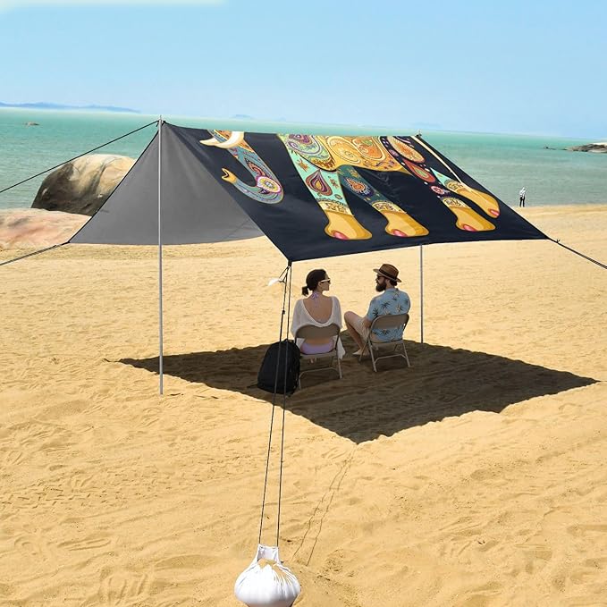 ALAZA Yellow Elephant Paisley Beach Tent Sun Shelter UPF50+ Protection Beach Shade Canopy w/ 4 Sandbags for Outdoor Camping Fishing Backyard Fun Picnic 10x9 ft