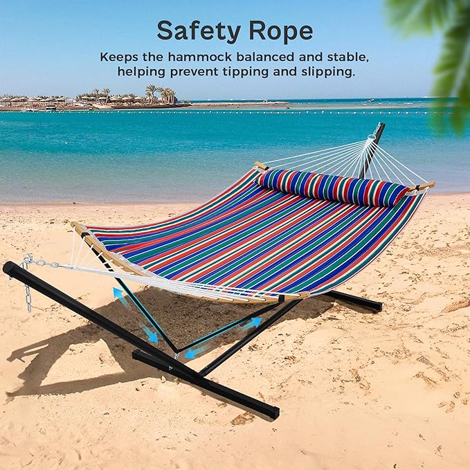 SUPERJARE Curved-Bar Hammock with Stand 2 Person Heavy Duty Hammock Frame Detachable Pillow &amp Portable Carrying Bag Perfect for Outdoor &amp Indoor Retro Blue and Green