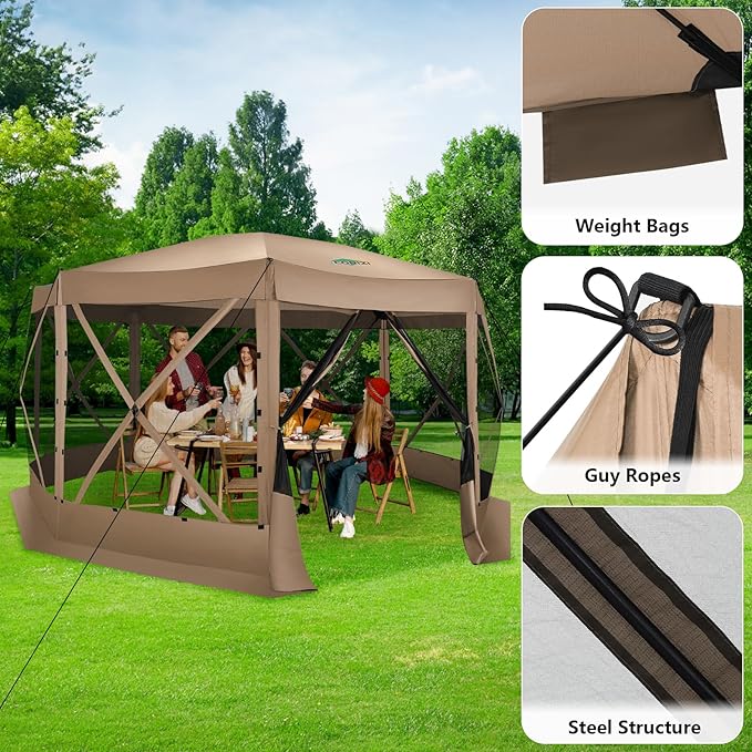 COBIZI 15x15FT Pop Up Gazebo Screen Tent Screen House for Camping Screen Room with Mosquito Netting Hub Tent Instant Screened Canopy with Carrying Bag and Ground Stakes Khaki(Upgraded)