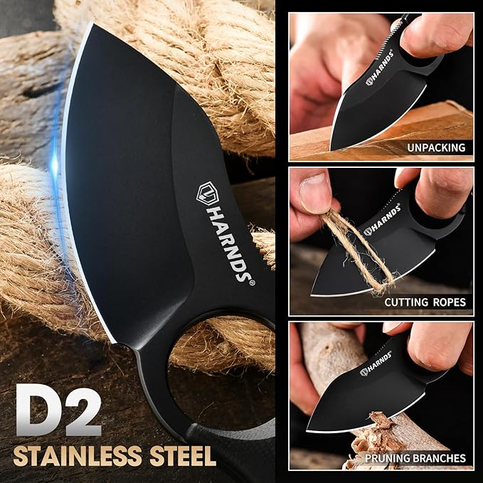 Harnds Small Fixed Blade Knife Full Tang Neck Camping Knife EDC with D2 Steel Blade and G10 Handle for Fishing and Skinning Eggplant