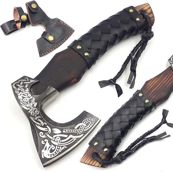 13 Custom Handmade Carbon Steel Real Viking Axe Hatchet Throwing and Camping Axe Birthday Gift for him Leather Wrapped Handle and Leather Sheath (FM 25)