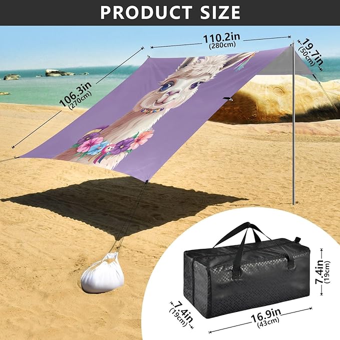 ALAZA Cute Llama Alpaca Wreath Beach Tent Sun Shelter UPF50+ Protection Beach Shade Canopy w/ 4 Sandbags for Outdoor Camping Fishing Backyard Fun Picnic 10x9 ft
