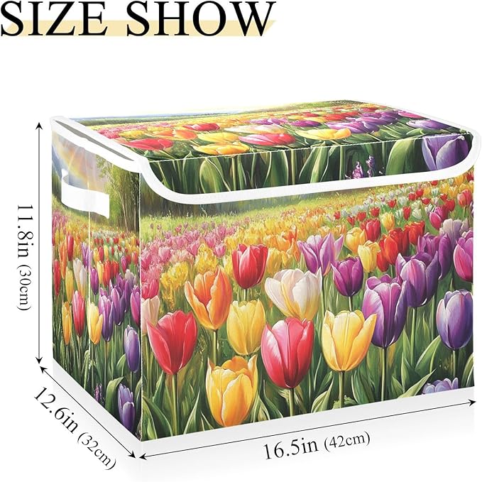 Cartoon Tulips Collapsible Storage Bins with Lids Decorative Fabric Cubes Closet Organizer Basket Boxes Containers for Clothes Box Chest Folding Rectangle