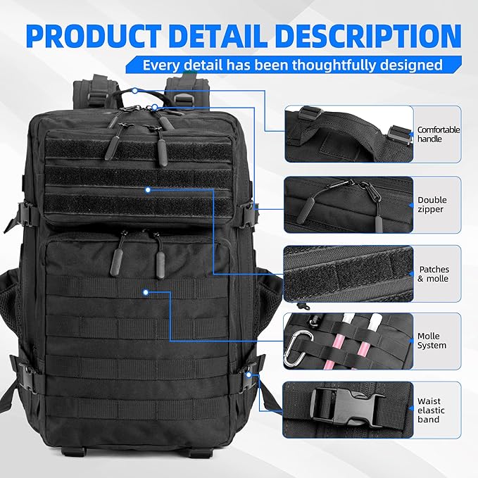 45L LUPU TACTICAL Backpack for Men and Women 3 Days Assault Pack Outdoor Travel Hiking Camping Rucksack with Molle Webbing (Black)