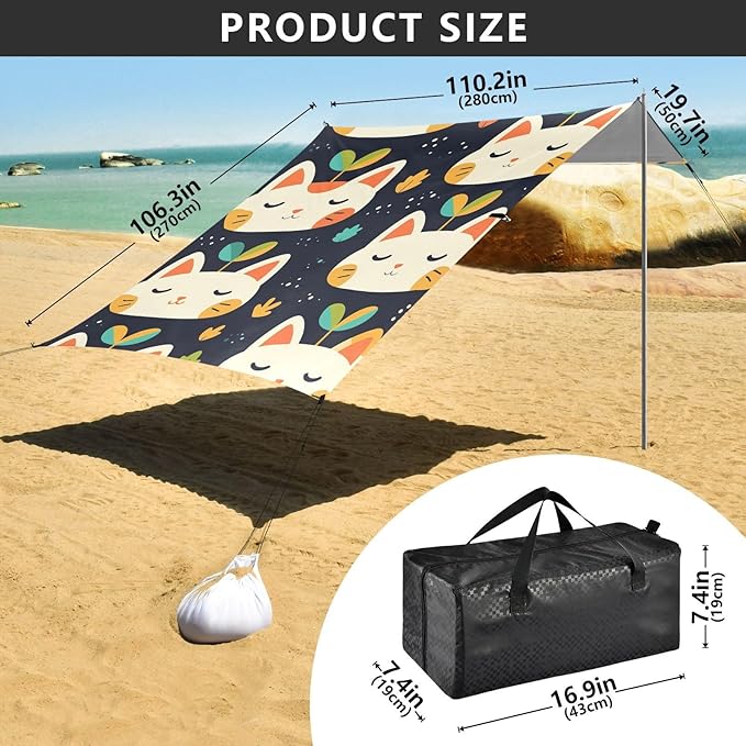 Cute Cats Face with Grass Foldable Beach Canopy UPF50+ Waterproof Shade Sun Shelter with Sandbags &amp Sand Shovel for Camping Picnics Backyard &amp Fishing