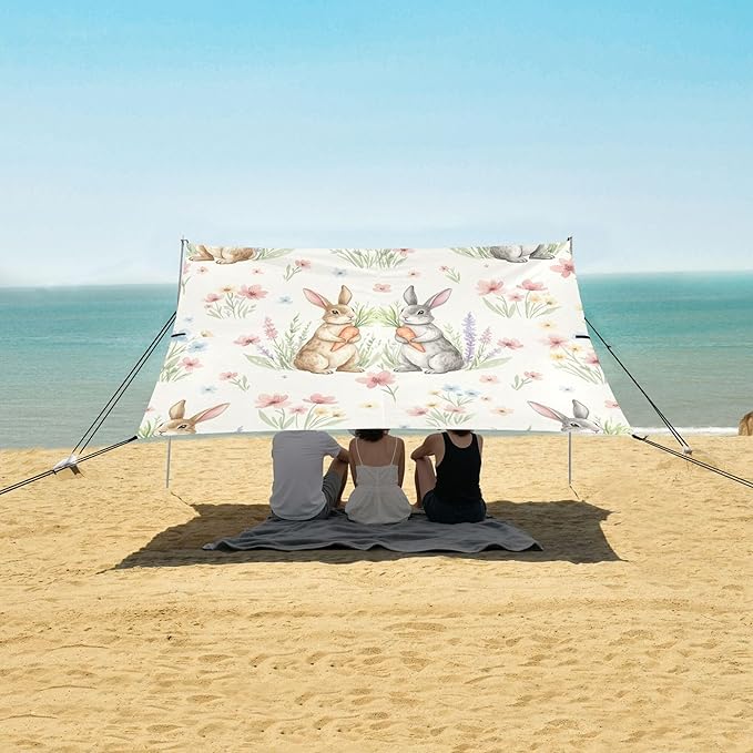 Easter Bunny Beach Canopy Sun Shelter with Sandbags &amp Sand Shovel &amp Windproof Ropes - Portable 110x126 Beach Shade Beach Tent for Camping Picnics
