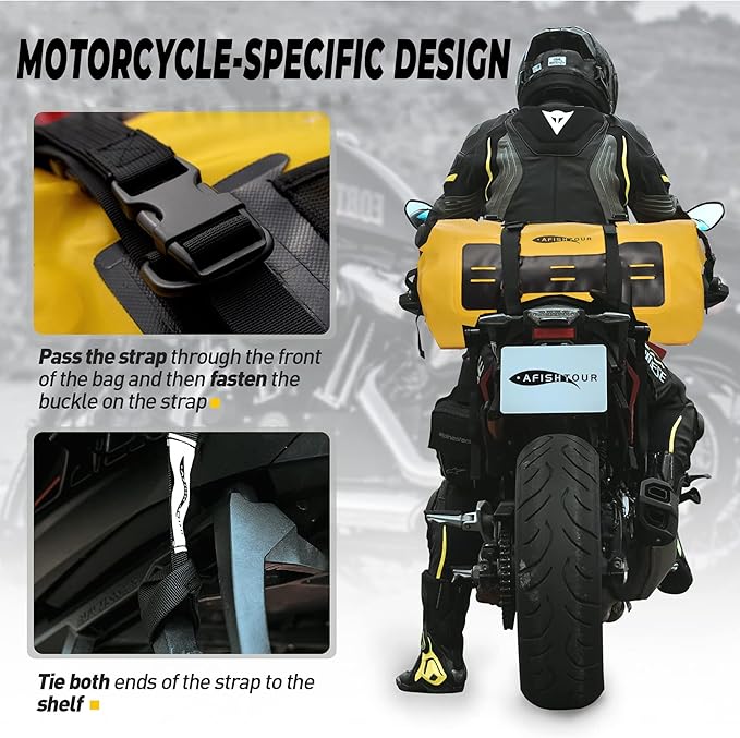 40L Waterproof Motorcycle Duffel Bag - Motorcycle Luggage Tail Bag with Straps for Back Seat - Roll Top Dry Bag for Kayaking Rafting Boating Camping Travel Beach (Yellow)