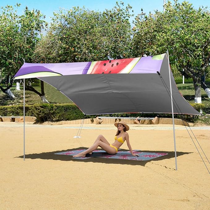 ALAZA Watermelon Purple Background Pattern Beach Tent Sun Shelter Portable Canopy Sunshade for Outdoor Camping Picnics Backyard Fun 10x9 ft