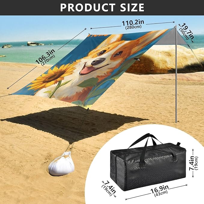 ALAZA Cute Corgi Sunflower Beach Tent Sun Shelter Portable Canopy Sunshade for Outdoor Camping Picnics Backyard Fun 10x9 ft