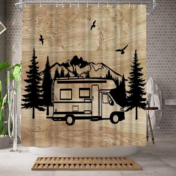 WELMECO Mountain Forest Camping Theme Shower Curtain Rustic Farmhouse Cabin Bathroom Decor Polyester Fabric 72x72 inch with Hooks