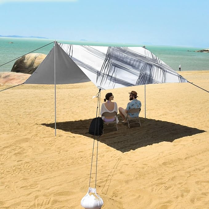 Silver Checked Hand-Drawn Sketch Beach Tent &amp Canopy UPF50+ Protection Easy Setup Shade Sun Shelter with Sandbags &amp Sand Shovel for Backyard and Camping