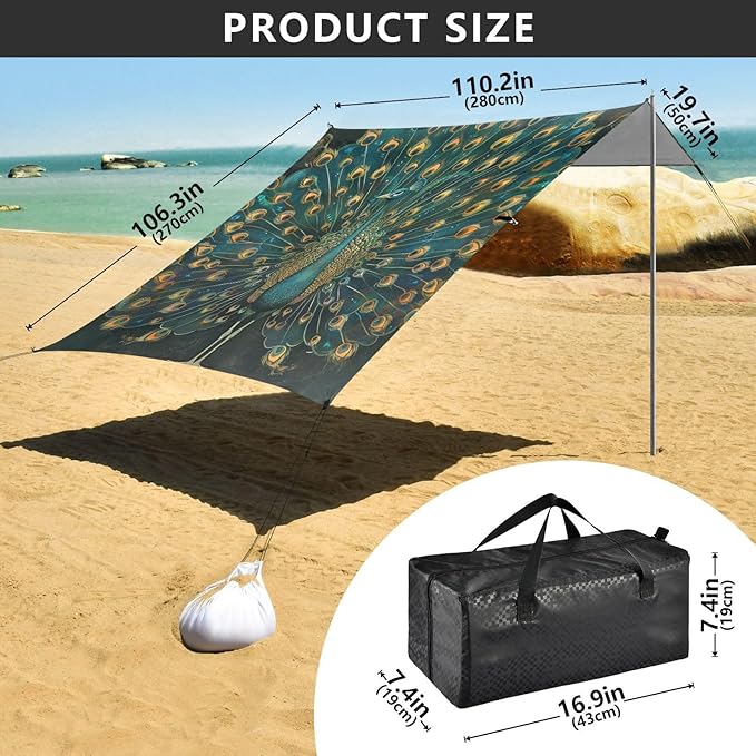 ALAZA Peacock Tail Beach Tent Sun Shelter Portable Canopy Sunshade for Outdoor Camping Picnics Backyard Fun 10x9 ft