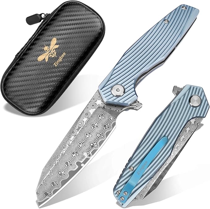 Zingbee Damascus Pocket Knife 3.46 Damascus Steel Blade EDC Pocket Knives &amp Folding Knives for Men Women Blue Non-Slip Handle