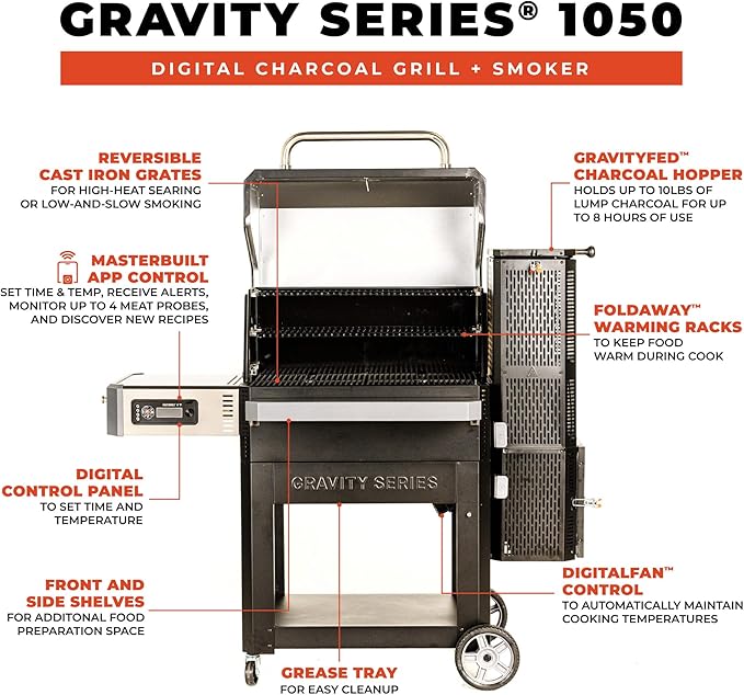 Masterbuilt® Gravity Series® 1050 Smoker Grill - Digital Charcoal Combo Grill with Free App 1050 Cooking Square Inches in Black Model MB20041220