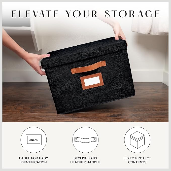 3 Pack Large Fabric Storage Boxes with Lids (15.75 x 11.25 x 11.25) - Decorative Bin with Lid Label Holder Faux Leather Handles - Large Storage Boxes for Organizing Clothes Blankets - Black