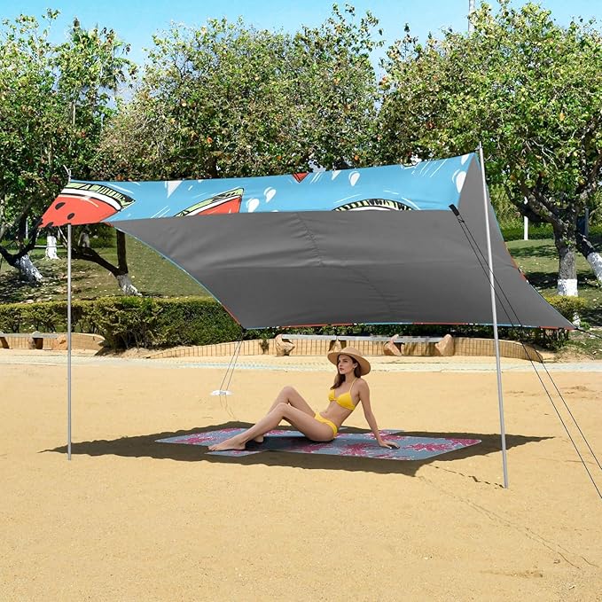 ALAZA Red Watermelon on Blue Pattern Beach Tent Sun Shelter Portable Canopy Sunshade for Outdoor Camping Picnics Backyard Fun 10x9 ft