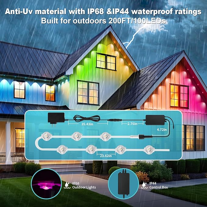 Permanent Outdoor Lights RGB Smart IC 200FT/100LEDs Decor IP68 Waterproof Music Sync with Remote&ampAPP Control Suitable for Holiday Decoration Christmas Lights Garden Party Decor Deck