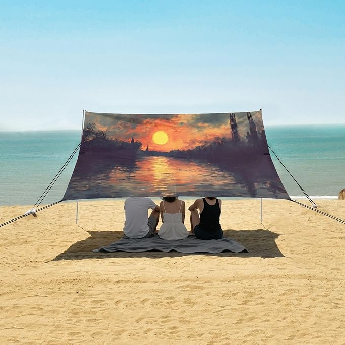Oil Painting Sunset River Beach Tent Sun Shelter Set UPF50+ UV Protection 10.5 x 9.19 FT Camping Shade Canopy with Sandbags Sand Anchors Carrying Bag and Others
