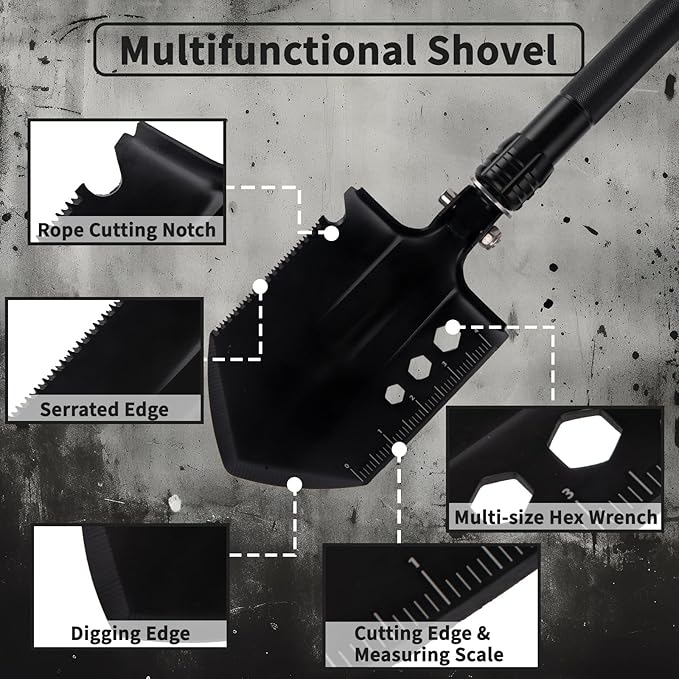 Survival Shovel Survival Axe Heavy-Duty Carbon Steel Camping Folding Shovel with Multiple Extension Handles(7.3-21.9In) Suitable for Survival Tools in Camping Off-Road Excavation and Hiking
