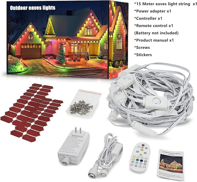 50FT Permanent Outdoor Lights with 30 Smart RGB LED Eave Lights APP/Remote Control IP67 Waterproof for House Roof Eave Garden Outdoor Decorations Christmas Party Decor
