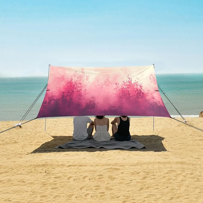 Pink Watercolor Forest Beach Tent Sun Shelter Set UPF50+ UV Protection 10.5 x 9.19 FT Camping Shade Canopy with Sandbags Sand Anchors Carrying Bag and Others
