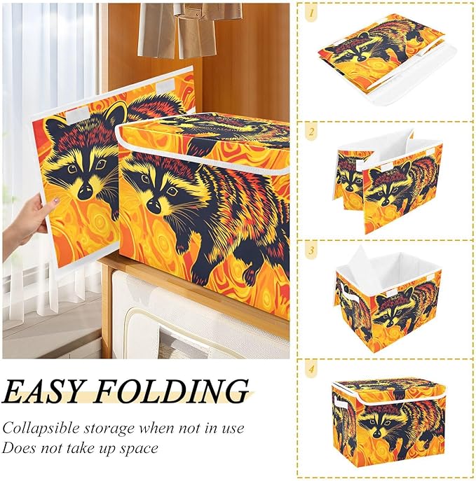 Storage Cube with Lid Surreal Raccoon Print 16.5×12.6×11.8 IN Collapsible Large Capacity Foldable Storage Basket Bin Organizer