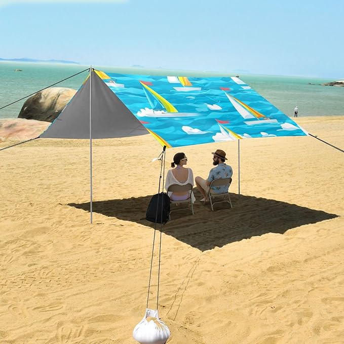 xigua Sailboat Beach Tent Sun Shelter with Carrying Bag - Silver Coated Oxford Fabric Beach Canopy for Beach Camping Fishing - Includes Windproof Ropes Sandbags &amp Stakes