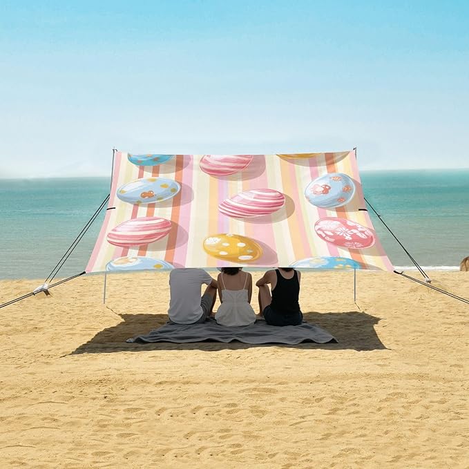 Easter Eggs Rainbow Stripes Beach Tent Sun Shelter Set UPF50+ UV Protection 10.5 x 9.19 FT Camping Shade Canopy with Sandbags Sand Anchors Carrying Bag and Others