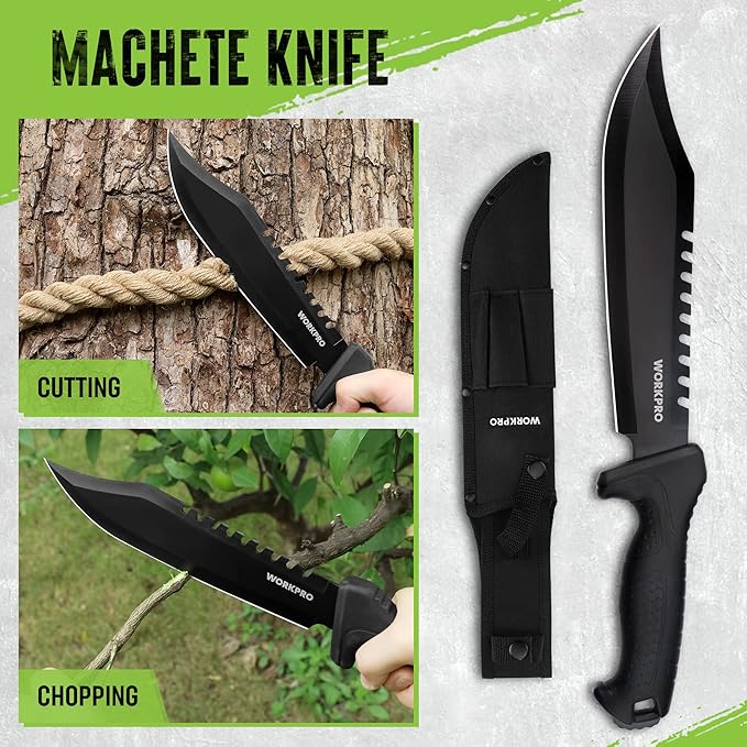 WORKPRO Machete and Camping Hatchet with Sheath Camping Axe and Fixed Blade Hunting Knives with Paracord Handle Headlamp Flint Camping Survival Tool Set for Hunting Hiking Outdoor Adventure